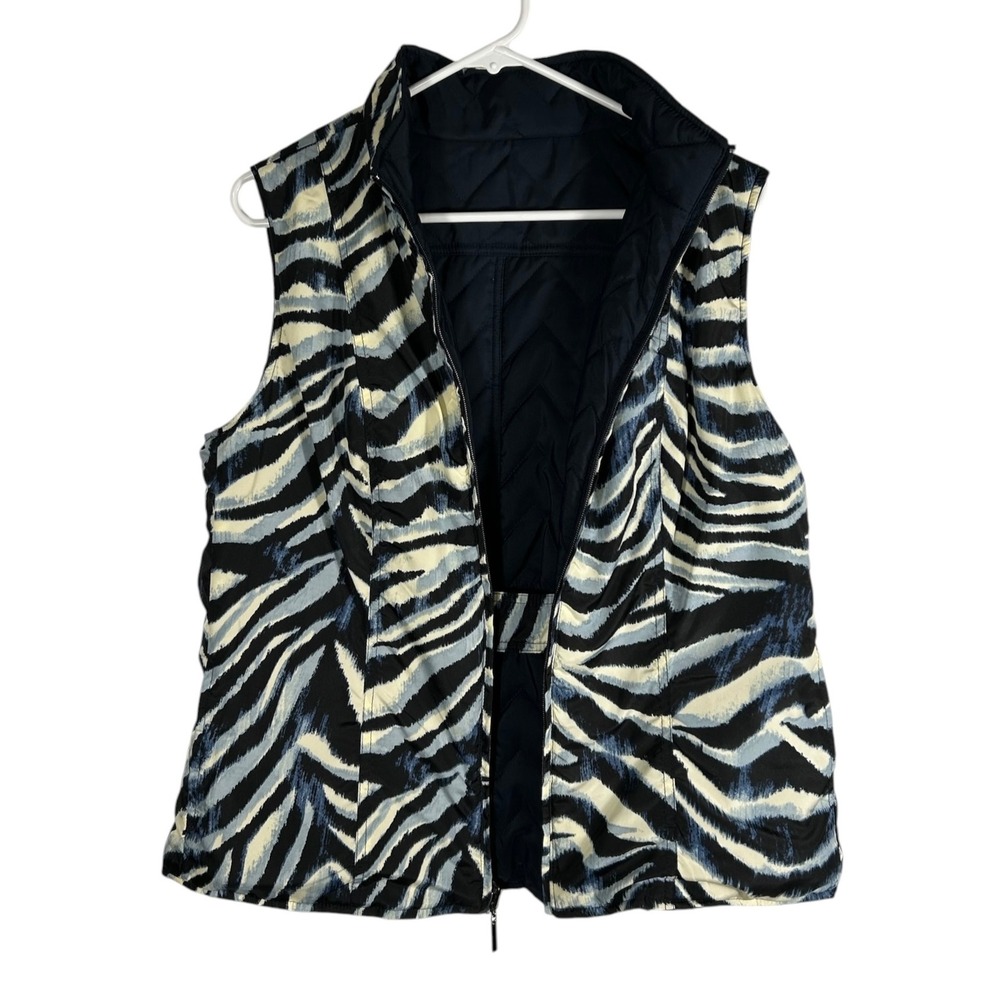 Reversible Zebra Print & Quilted Navy Blue Puffer Vest Sleeveless Jacket Pockets